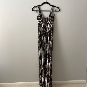 Floor length cotton dress by Tart. Size small. Pattern is tan, black and white.
